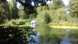 a pond with a bird house in the middle of it at Simple Mini- Apartment City Park in Wismar