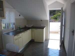 a small kitchen with a sink and a window at Apartment 2 Palme in Slatine