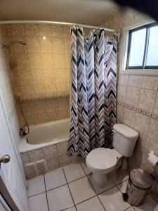 a bathroom with a toilet and a bath tub at Los Camperos AR in Temuco +12 photos