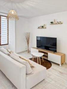 a white living room with a white couch and a tv at Appartement rénové, lumineux au centre de Vic in Vic-sur-Cère