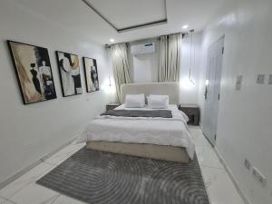 a white bedroom with a bed and a rug at Zendidis Luxury Apartment in Lekki