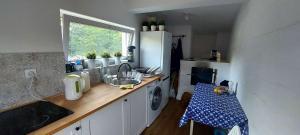 a kitchen with a sink and a washing machine at Happy Horse Sosnowa Góra in Przetoczyno