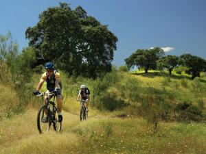 two people riding bikes on a grassy field at Cottage in Alájar near Gruta de las Maravillas in Alájar