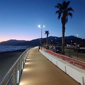 a boardwalk on the beach with a palm tree at Apartment by the sea in Ventimiglia
