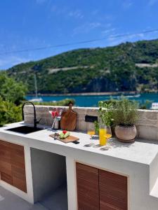 a kitchen counter with a sink and a view of the ocean at Pool 4 Leisure Dubrovnik in Dubrovnik