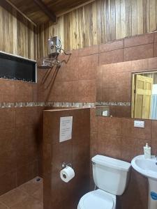 a bathroom with a toilet and a sink at Roca Verde - Monteverde Cloud Forest Lodging in Monteverde Costa Rica