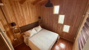 a small room with a bed and two windows at Cabañas y tinajas Filkun in Vilcún