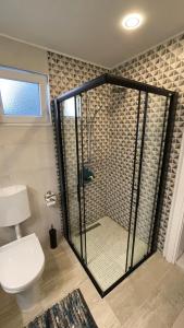 a bathroom with a toilet and a glass shower stall at MO House Mostar in Kutilivač +13 photos