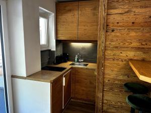 a kitchen with wooden walls and a sink and a counter at Kitz-Studio in Größing