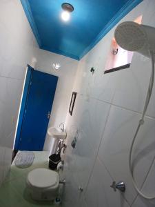 a bathroom with a shower with a toilet and a sink at Vip Girassol in Cuiabá +3 photos