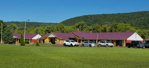 a group of buildings with cars parked in a field at Mark Twain Motor Inn in Elmira