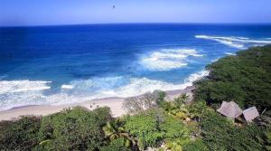 Una vista aérea de una playa con árboles y el océano. en Cabarete Ecolodge Encuentro Surf Beach Kite in Perla Marina by BTCG Crypto, en Bombita