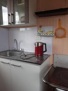 a kitchen with a sink and a pot on the stove at Cabañas la doña in Aytuy