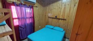 a room with a blue bed in a wooden room at JuanSe Cabaña in Ituzaingó