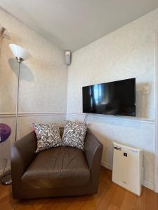 a living room with a couch and a flat screen tv at PROTY Beach House 琵琶湖のコテージ in Minami-komatsu