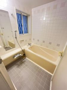 a bathroom with a tub and a sink and a mirror at PROTY Beach House 琵琶湖のコテージ in Minami-komatsu +35 photos