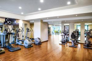 a gym with several treadmills and elliptical machines at Sofitel Abu Dhabi Corniche in Abu Dhabi