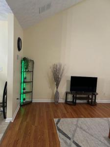 una sala de estar con TV y un jarrón de flores en Cozy Home in McDonough, en McDonough