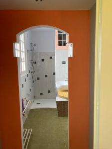 a bathroom with a shower and a sink at LOUE CHAMBRE CHEZ L HABITANT ACCES A LA CUISINE A 10 MN DES PLAGES in PloÃ©ven