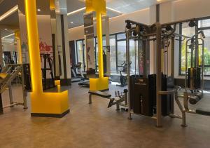 a gym with several treadmills and machines in a building at Luxury Seaview Villa with 9000 m2 SPA Access in Alanya