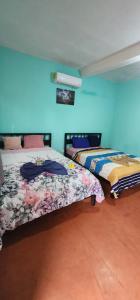 two beds in a room with blue lights at Hotel y Restaurante la Cuchilla in Lívingston
