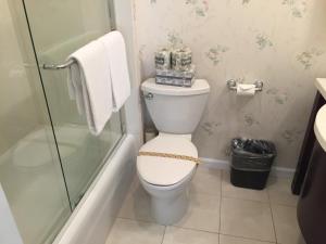 a white toilet sitting next to a bath tub in a bathroom at Beresford Arms in San Francisco