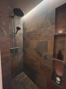 a bathroom with a shower with a stone wall at Charming Studio Saint Martin Vésubie in Saint-Martin-Vésubie