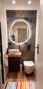 a bathroom with a sink and a toilet and a mirror at Charming Studio Saint Martin Vésubie in Saint-Martin-Vésubie