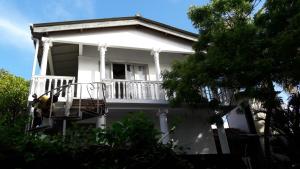 ein weißes Haus mit einem Hund auf einer Veranda in der Unterkunft Secret Garden Galle Fort in Galle