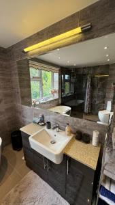 伦敦Stunning double bedroom Greenwich London with private bathroom的带水槽和大镜子的浴室