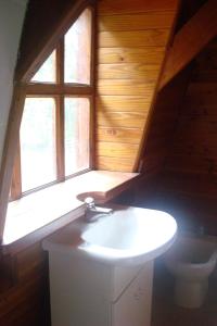 baño con lavabo y ventana en Cabañas Lucero del Bosque en San Carlos de Bariloche