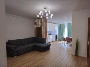 a living room with a couch and a kitchen at Apartament Cetății in Floreşti