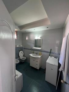 Un baño con lavabo, inodoro y espejo. en Apartament Flammarion, en Oradea