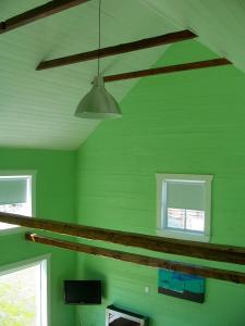 a green room with a ceiling fan and windows at The Old Salt Box Co. - Grandma Lilly's in Fogo