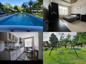 a collage of pictures of a house with a swimming pool at Studio apartment in private house in Rīga