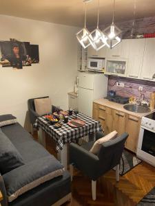 a kitchen with a table and chairs in a kitchen at Apartman EN in Dušanovac (historical)