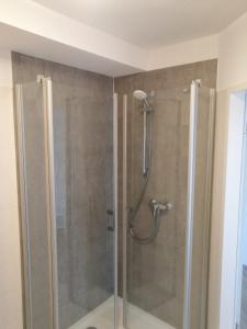 une douche avec une porte vitrée dans une salle de bain dans l'établissement Harztraum-6, à Braunlage