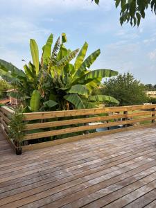 a wooden fence on a wooden deck with plants at Villa bellevue in Roquebrune