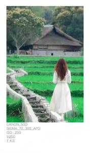 Una niña con un vestido blanco caminando por un campo en Mộc mạc nhà sàn, en Làng Ha