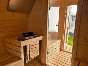 an inside view of a wooden sauna at Bienenhaus 1 in Monschau