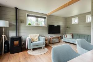 a living room with a couch chairs and a tv at Boshuisje Luna | 4 personen - Vakantiepark De Kremmer in Gasselte