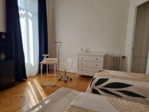 a bedroom with two beds and a chair and a dresser at GRANDE chambre à SAINT-ETIENNE CENTRE chez l'habitant in Saint-Étienne +2 photos
