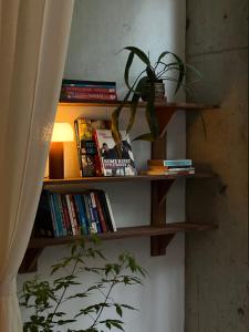 a book shelf with books and a potted plant on it at PREEZE boutique stay in Vung Tau +19 photos