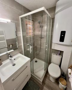 a bathroom with a shower and a toilet and a sink at Evasion cosy aux pieds de l'Océan in Lacanau