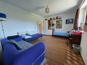 a living room with blue couches and a kitchen at casa Donadiolla in Maiola
