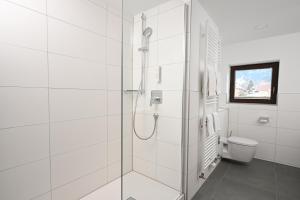 a white bathroom with a shower and a toilet at Alpenhof Apartments Oberstdorf in Oberstdorf +22 photos