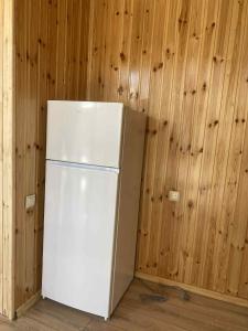 a white refrigerator in a room with wooden walls at Green house Cottage in Itʼkhvisi