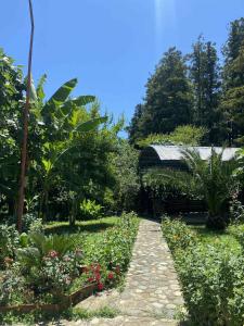 a garden with flowers and a stone path at Green house Cottage in Itʼkhvisi