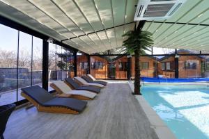 a pool with a row of chairs and a palm tree at Panorama V Lux Vrnjačka Banja in Vrnjačka Banja