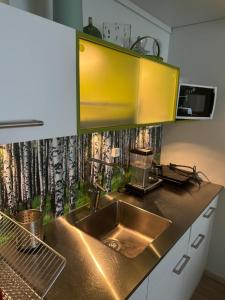 una cocina con fregadero y encimera en Hotelli Terme 616, en Kilvakkala